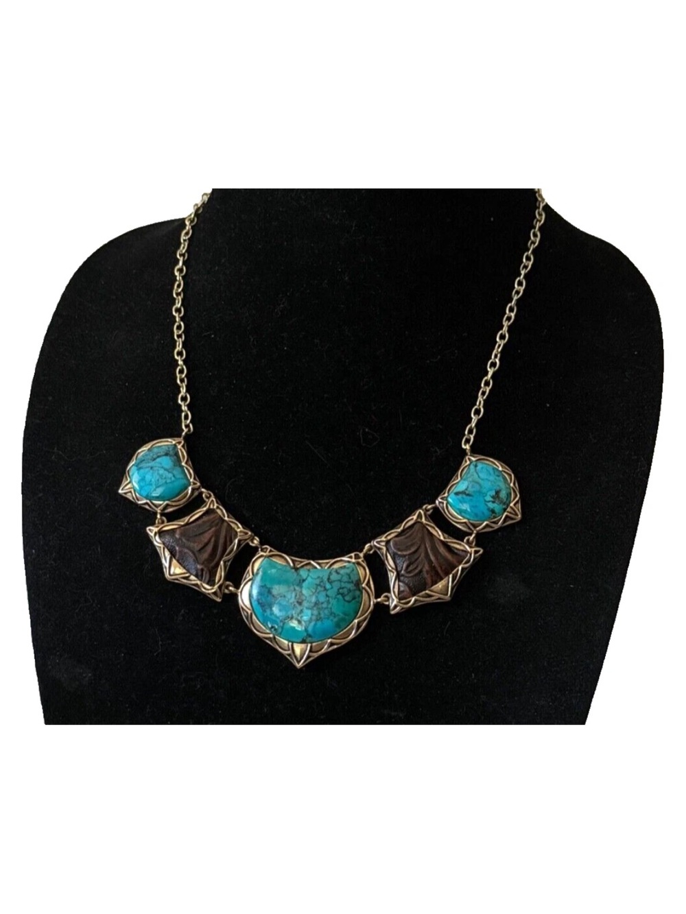 BARSE Bronze Turquoise Engraved Italian Leather HSN Statement Bib Necklace